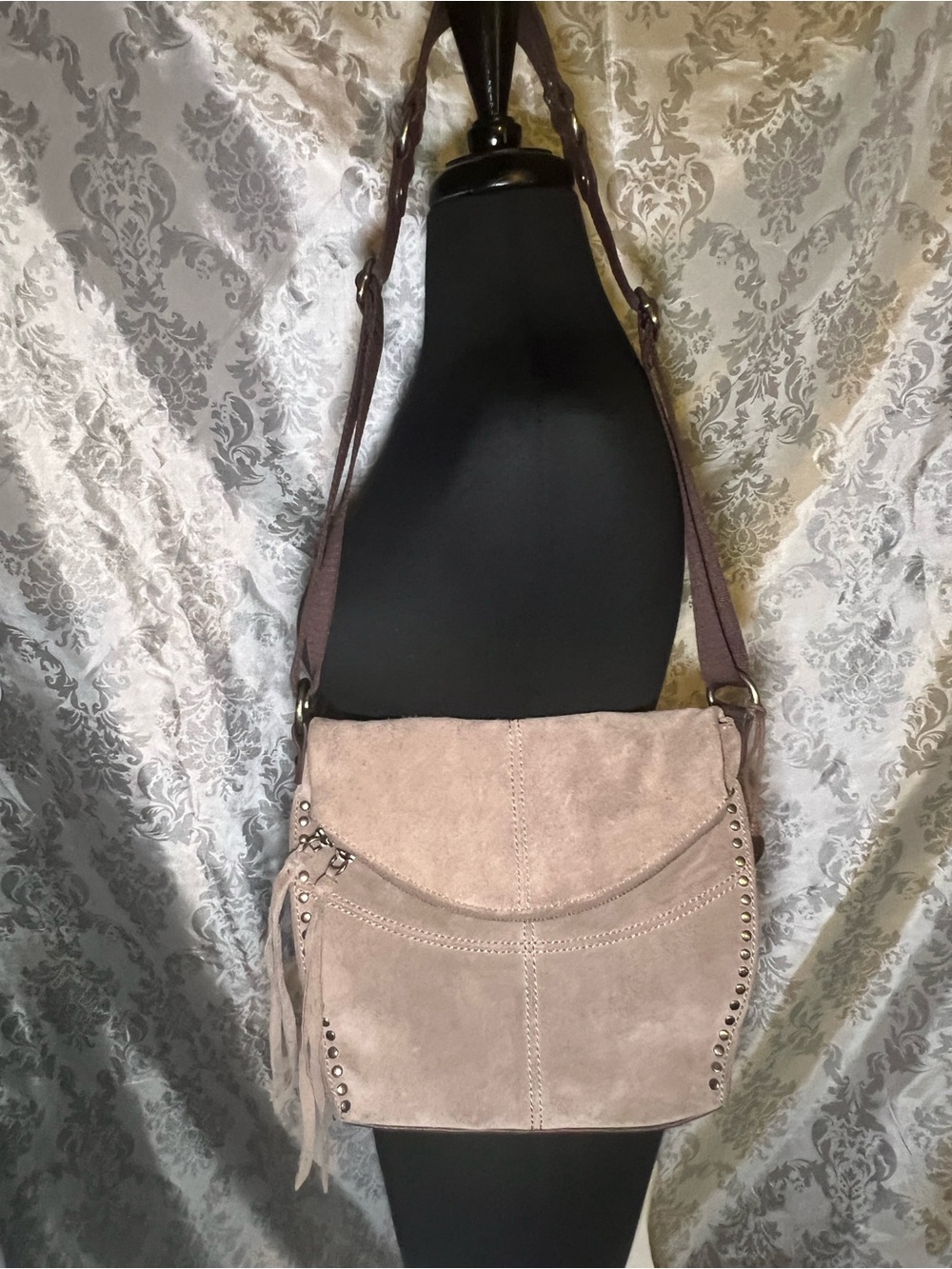 The Sak Silverlake Taupe Suede Flap Crossbody Bag with Stud Detail